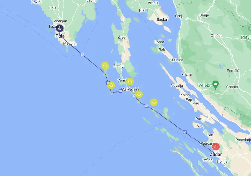 Map Sailing route Pula to Zadar ferry