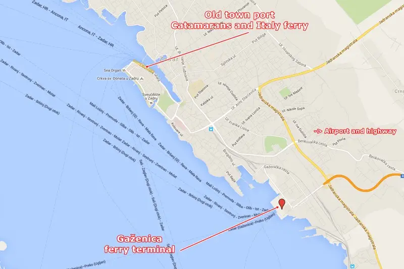 Map with Zadar Ferry Ports